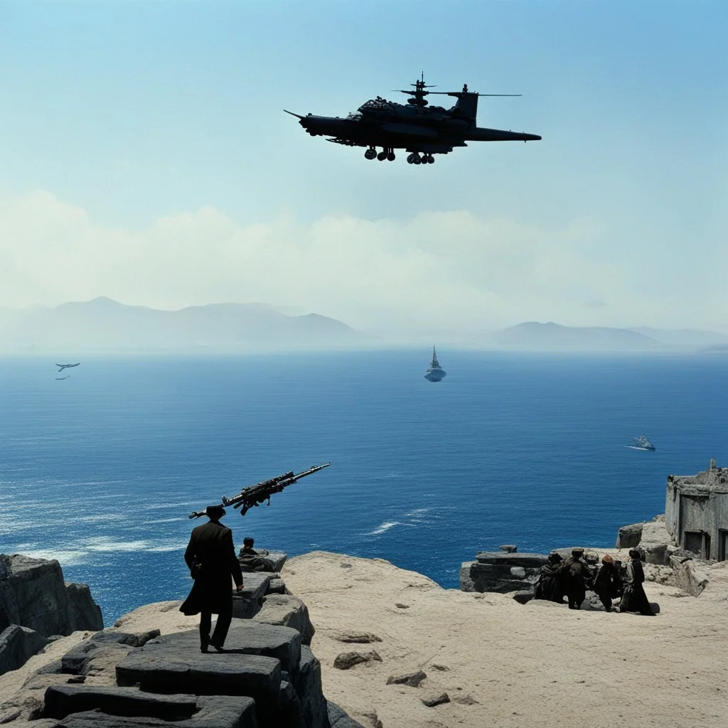 the jump over the strait of Ormuz with one gun in each hand iconic scene by John Woo (A Better Tomorrow, The Killer, Hard-Boiled) There's a frigate in the background