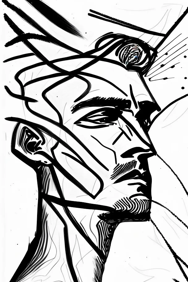 Portrait drawing of A man with deep lines on his face, staring towards the heaven, chaos, abstract