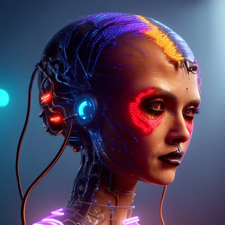 pretty california cyber woman, cold ambient, latex, cables, purpurin, blood, black, gold, piercings, brown, decorative color feathers, circuits, neon style, a lot of led lights, fog, rain, vibrant color, highly detailed, art stations, concept art, smooth, unreal engine 5, god rays, ray tracing, RTX, lumen lighting, ultra detail, volumetric lighting, 3d, finely drawn, high definition, high resolution.