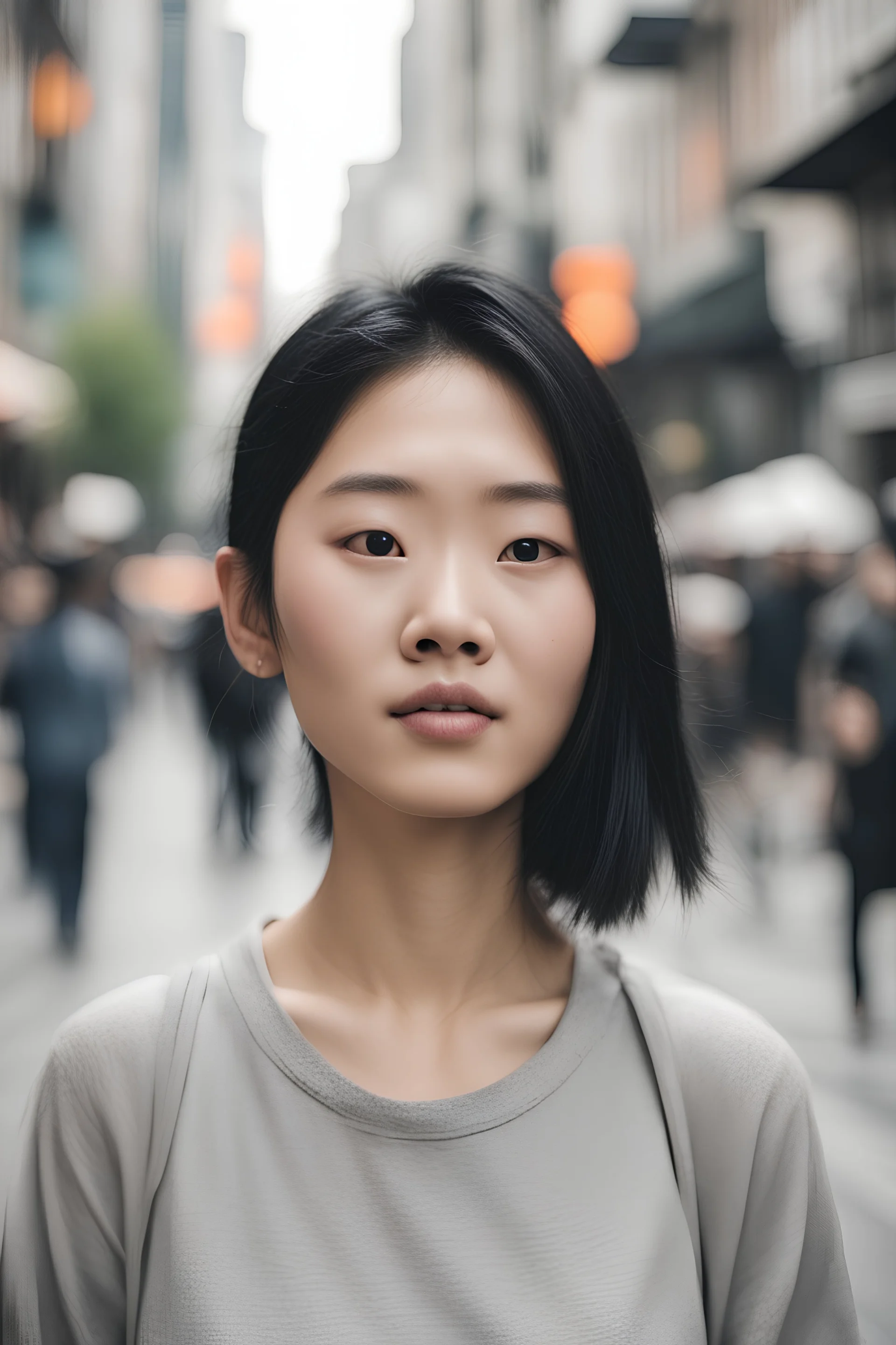 Eine Frau 25 Jahre alt mit schwarzen haaren, asiatisch ohne Piercings. die in einer Stadt ist, die Stadt ist sehr voll mit Menschen. Die Frau soll nach hinten blicken, Man sieht die Frau von hinten, also man soll ihren rücken sehen