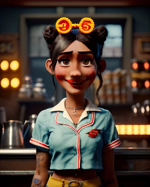 Waist up portrait, hybrid character, waitress British woman with classic muppet mask that covers her entire head and face, Sesame Street style, retro style, pub, short shirt, tray, beer, old school tattoo, hot, smooth, unreal engine 5, god lights, ray tracing, RTX, lumen lighting, ultra detail, volumetric lighting, 3d.