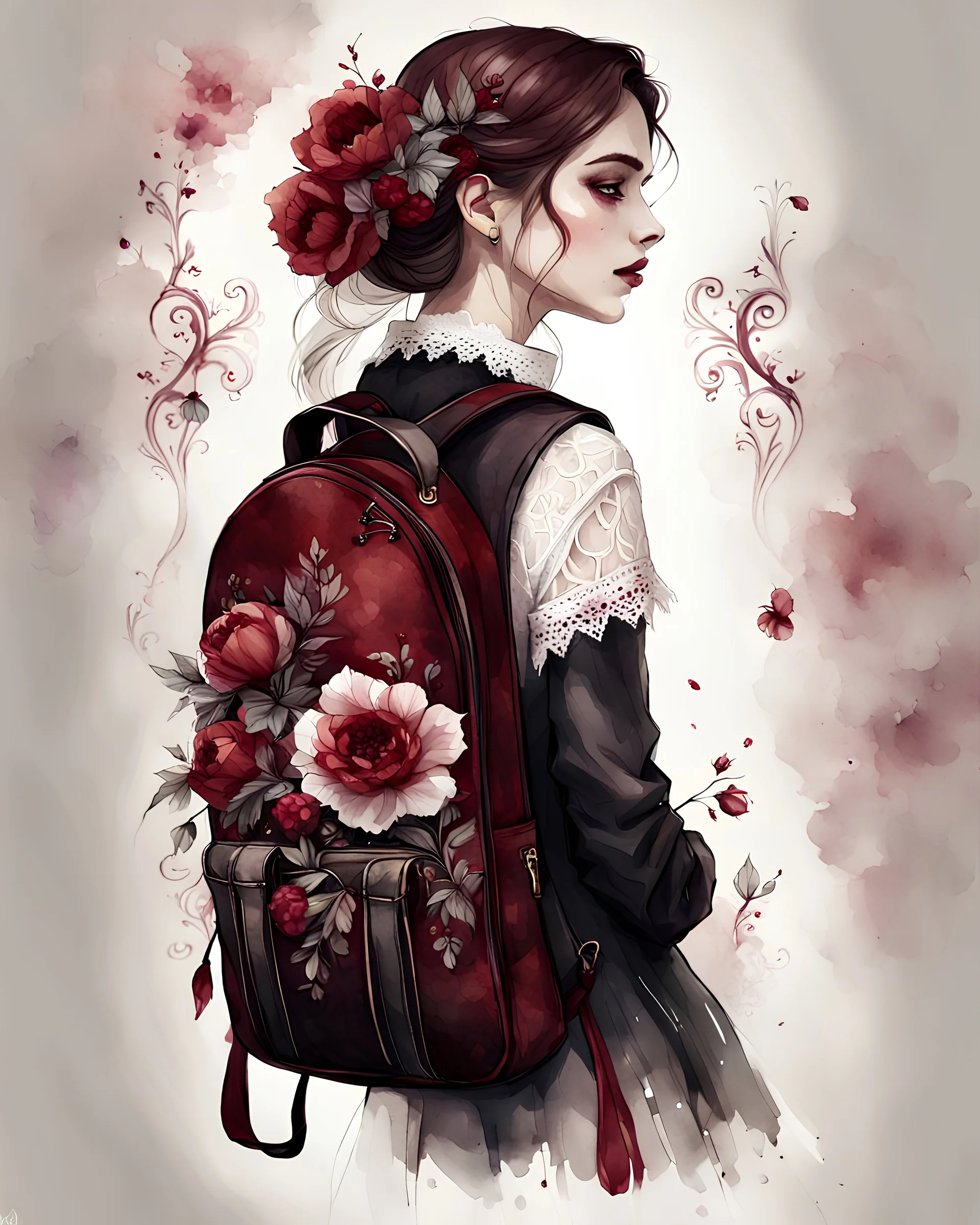 watercolor draw gothic vintage backpack, dark red with flowers, white lace and rubies, white background, Trending on Artstation, {creative commons}, fanart, AIart, {Woolitize}, by Charlie Bowater, Illustration, Color Grading, Filmic, Nikon D750, Brenizer Method, Side-View, Perspective, Depth of Field, Field of View, F/2.8, Lens Flare, Tonal Colors, 8K, Full-HD, ProPhoto RGB, Perfectionism, Rim Lighting, Natural Lightin