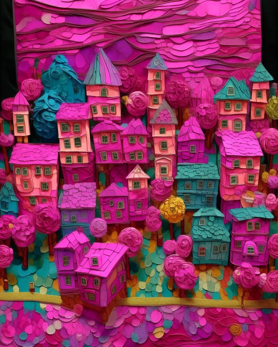 A purplish magenta town made out of yo-yos and tops painted by Vincent van Gogh