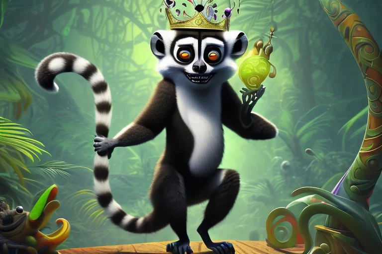 surreal, vibrant digital artwork featuring king Julien the lemur dancing with his tail held up high, with intricate abstract patterns and motifs swirling around them. striking facial features, wearing a crown made of skulls. dancing to "you gota to move it" in Disney style Madagascar