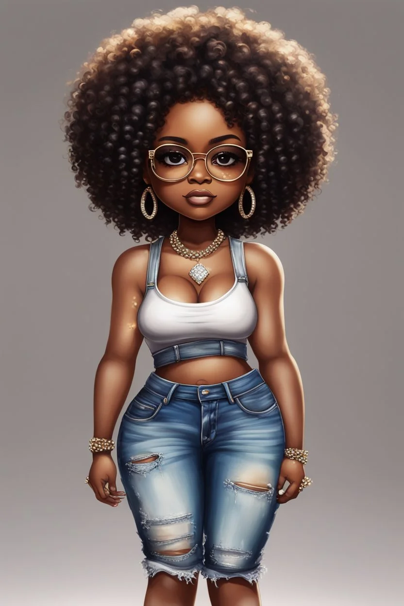 Create a oil painting chibi image of a black female with shoulder length tightly curl afro, black silky and brown eyes. Long eye lashes wearing a torn jeans and tank top with diamond studded "pretty" on the front, sandals , plus size body style. Diamond studded glasses and hoop earrings forward facing, 2k, white background