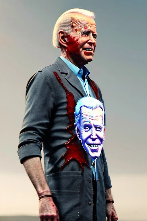 realistic image, joe biden zombie, arm cut and bleeding, amputated leg, night, walking with a limp, waist up view, dark ambient, highly detailed, sky background, concept art, unreal engine 5, god rays, ray tracing, RTX, lumen lighting, ultra detail, volumetric lighting, 3d, finely drawn, high definition, high resolution.