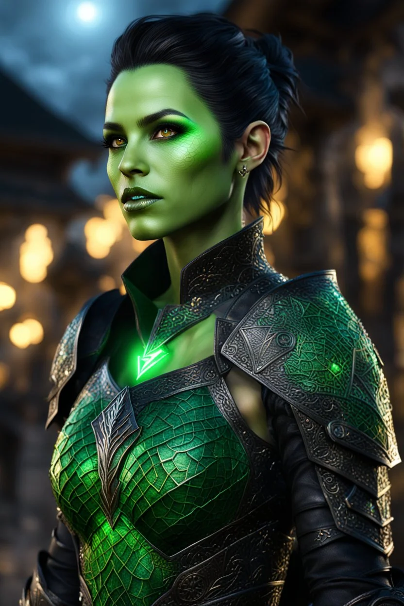 3.4 body shot, green skin,beautiful face, female gorgeous green skinnrf orc, 2 fang visible on mouth, thin, lightning crackle crested around her armor as symbols,dark hair, detailed glowing ornamental magical pattern armor, glowing gem crackling with lightning implanted on leather armor, 8k, high detail, market background, midnight, facing viewer, front facing