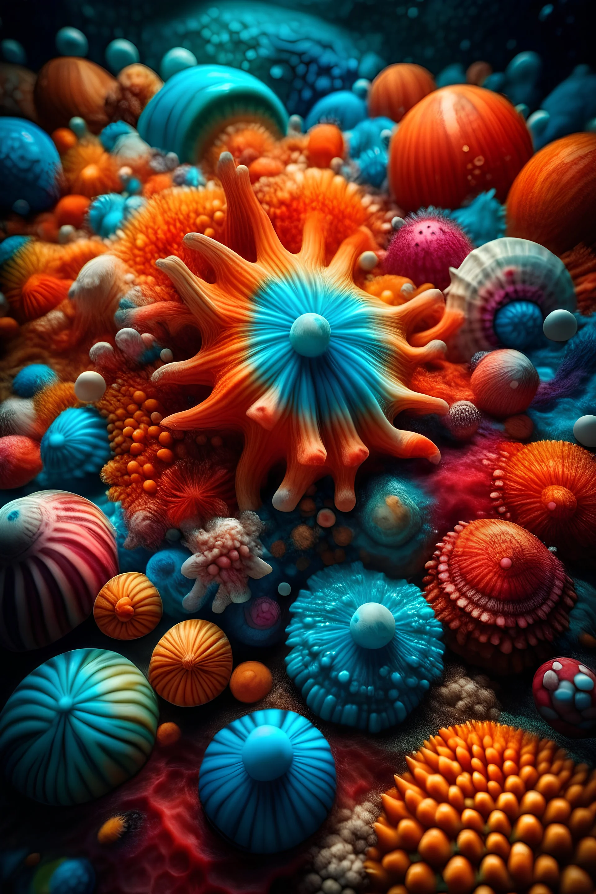 Fantasy Coastal Creatures without vibes Oddly Turned Into Dangerous Viruses based on colorful seashells Photo warm vibe