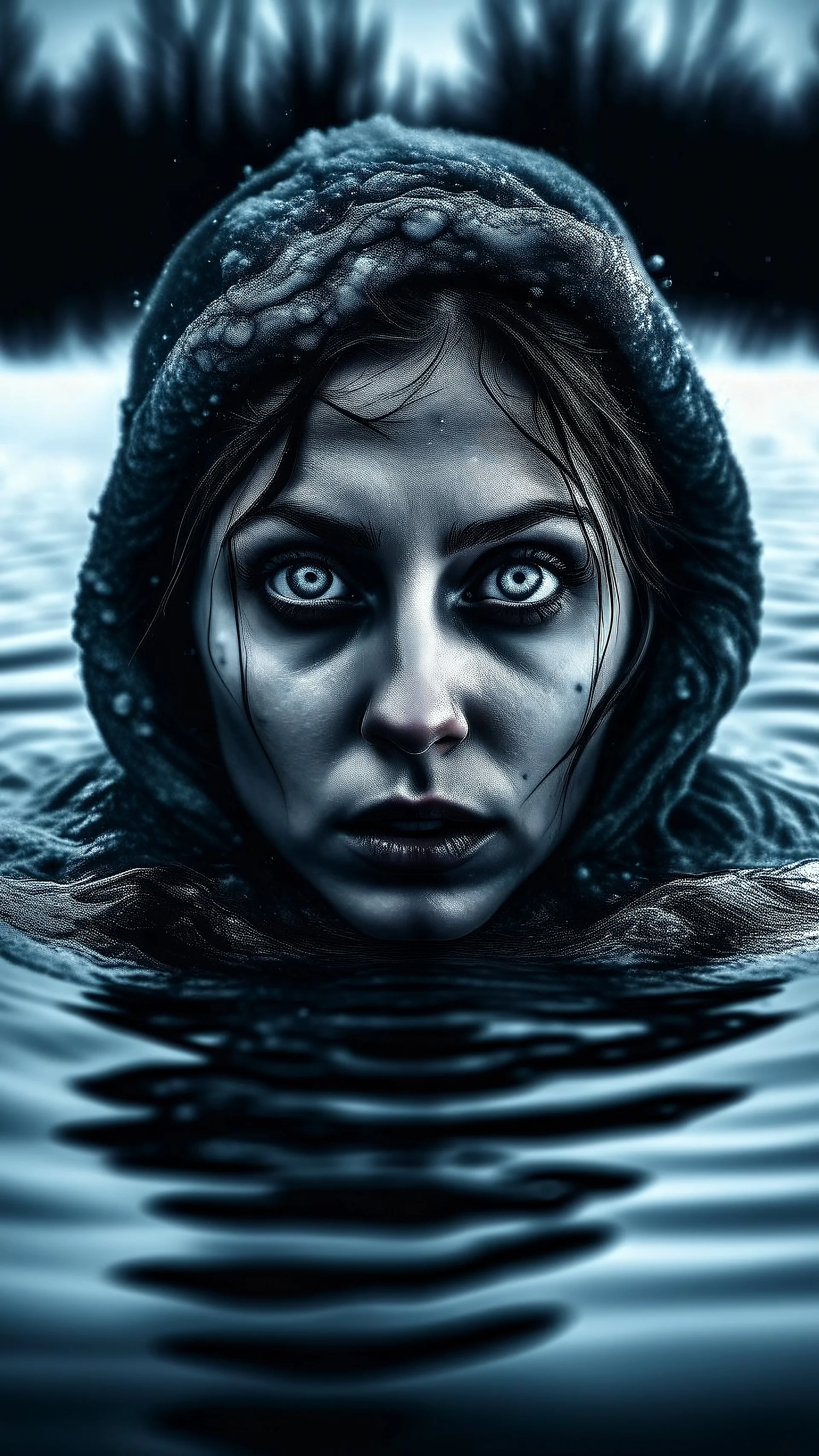 A woman with an evil face, a face of horror, water, winter, frozen lake, darkness.