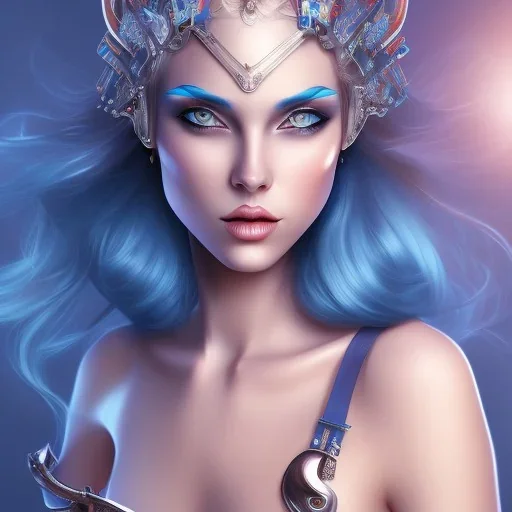 femme,cheveux bleu,couronne métallique spatiale,yeux bleus,peau bleau,combinaison spatiale,lumière