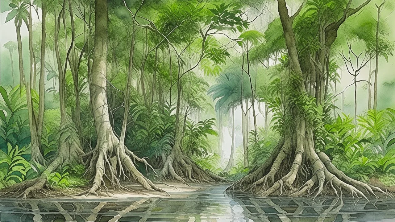 tropical mangrove forest along a calm coastal lagoon, twisted roots rising from shallow water, small fish and crabs visible beneath the surface, herons and kingfishers perched on branches, lush green vegetation, soft natural light, watercolor naturalist painting style