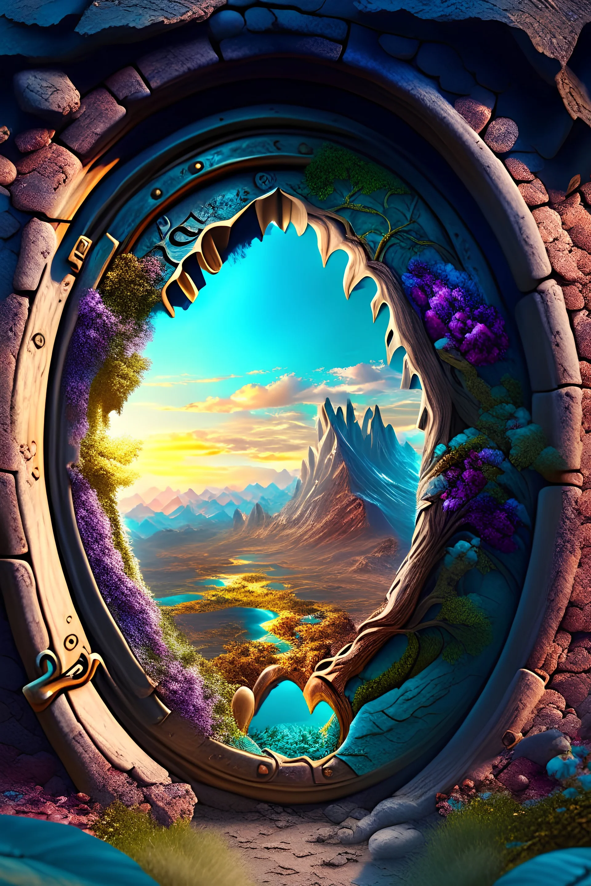 Old Keyhole with a view of the beautiful fantasy landscape, hyper realistic, hyper detailed, vibrant, bright, 3d rendering, 4k