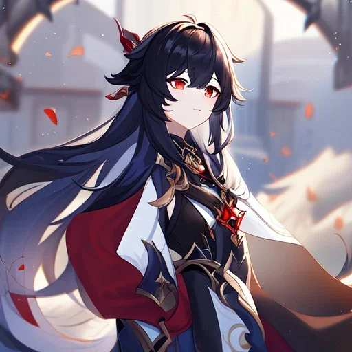 Clear focus, high resolution, black long fluffy hair, red eyes, wearing a genshin outfit