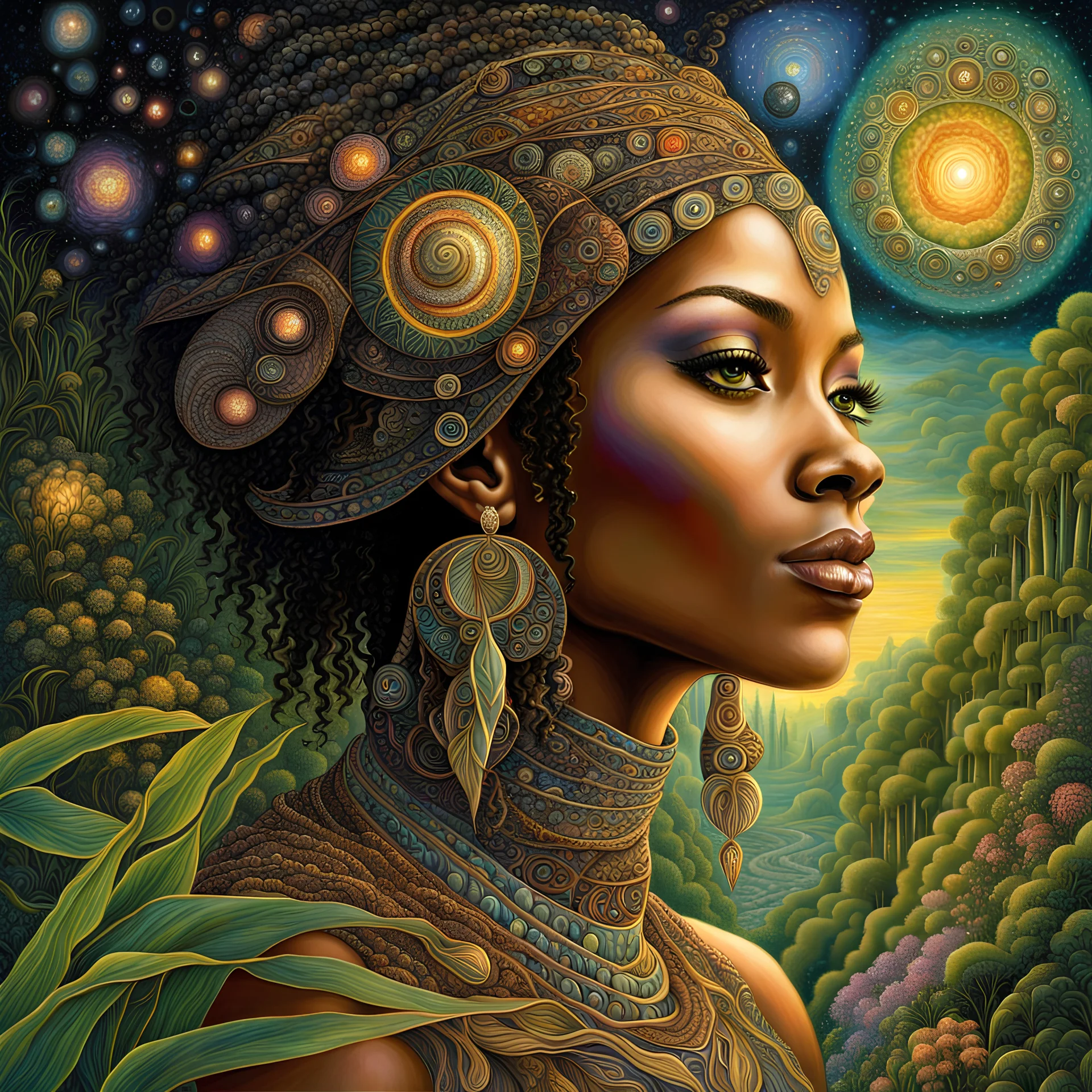 a painting African Bamboo Black Woman of Quantum Level Psychedelic DMT dimension Dimensional 33 seed in a fantasy setting, a detailed painting inspired by Josephine Wall, trending on deviantart, fantasy art, intricate fantasy painting, highly detailed visionary art, beautiful fantasy painting