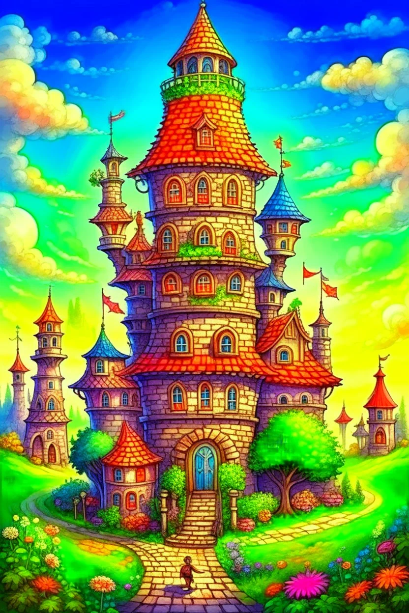 Fantasy art: beautiful fairy tower in a middle of a small cute village, with many small houses