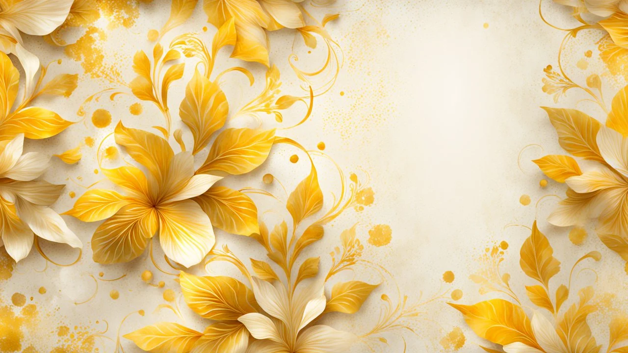 Hyper Realistic Yellow & Beige Abstract-Floral-Patterns With Glowing Golden Embers On Off-White Grungy Background.