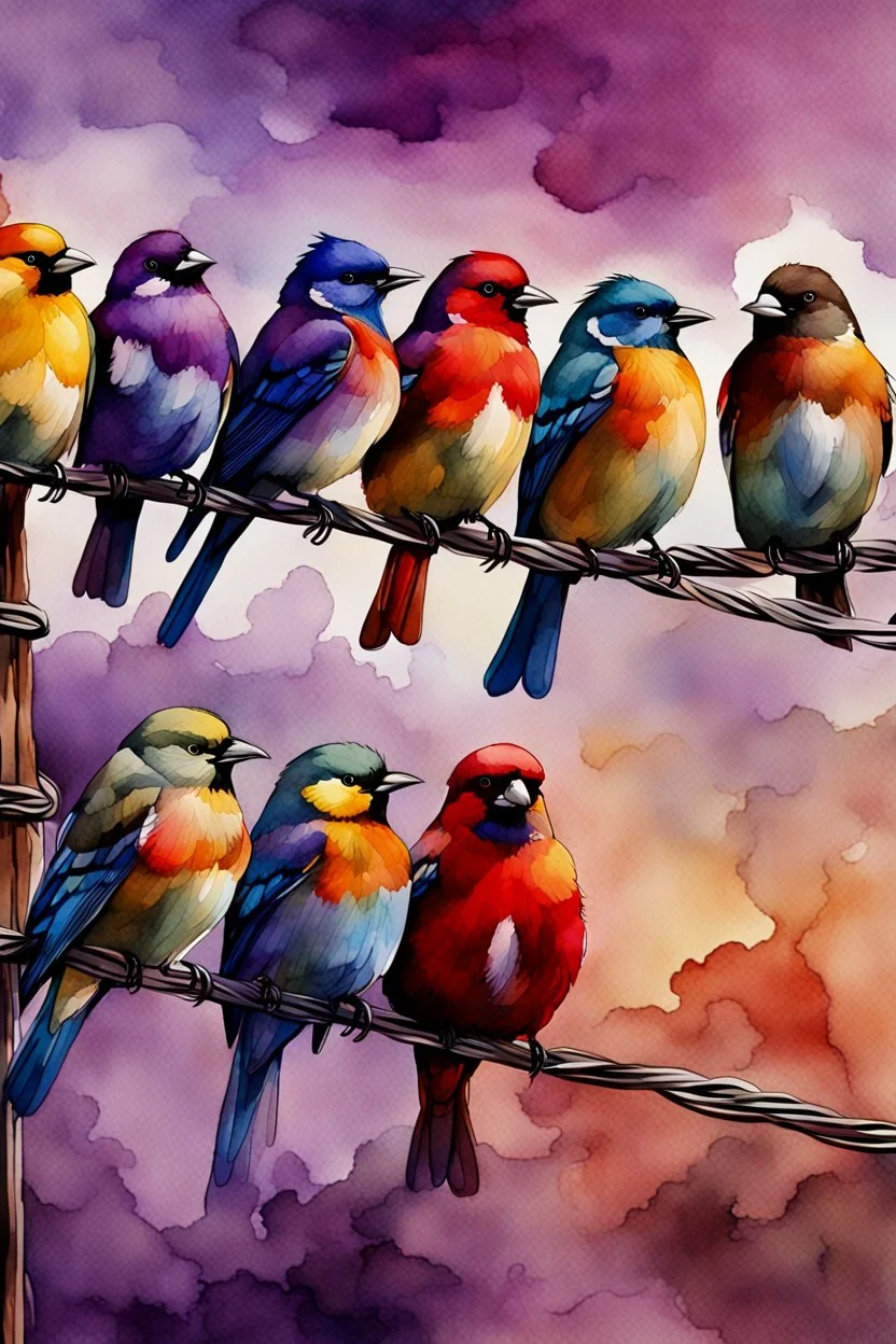 A captivating watercolor illustration featuring six exquisitely rendered birds perched gracefully on a wire. Each bird exhibits a unique color palette, from the rich browns and grays to the bold blues, reds, and yellows, culminating in the enchanting purple hue. The composition emphasizes the birds' side profiles, creating a dynamic visual effect. Their vibrant plumage beautifully contrasts against the pristine white background, resulting in a harmonious blend of nature and color that captivates