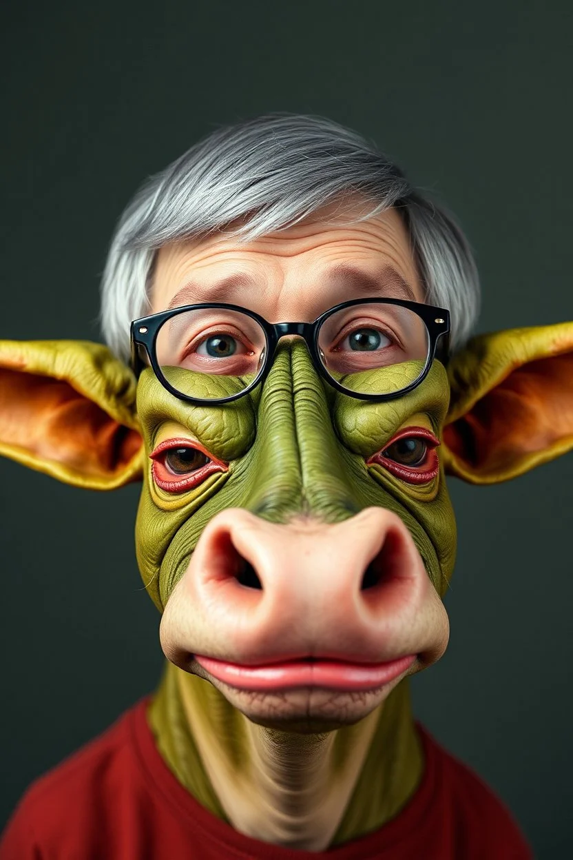 half grey haired half bald Bill Gates with a gremlin cow with big lipstick mouth, big lips