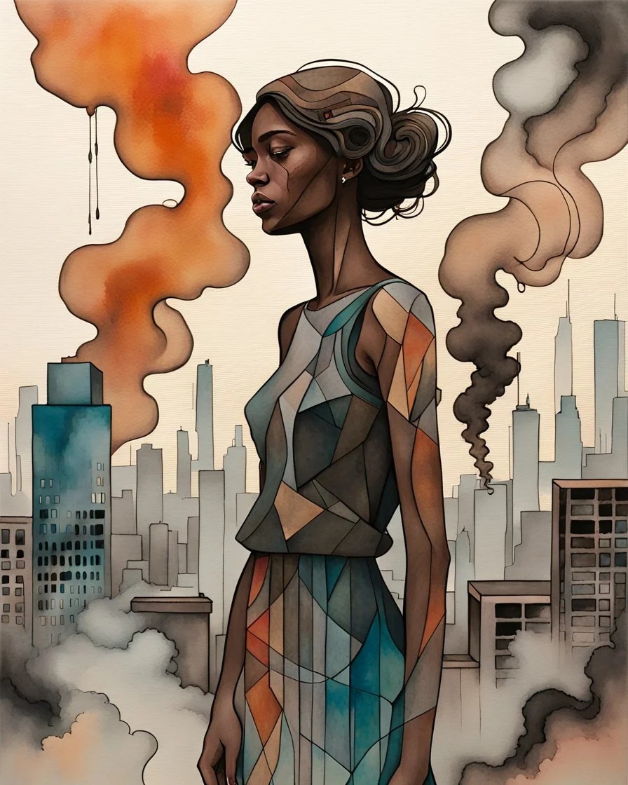 acrylic and watercolor and line tint painting of a sad young woman standing in front of a city entirely made of smoke, bronze - skinned, geometric curves, featured art, philosophical splashes of colors, art brought to life, soul shock