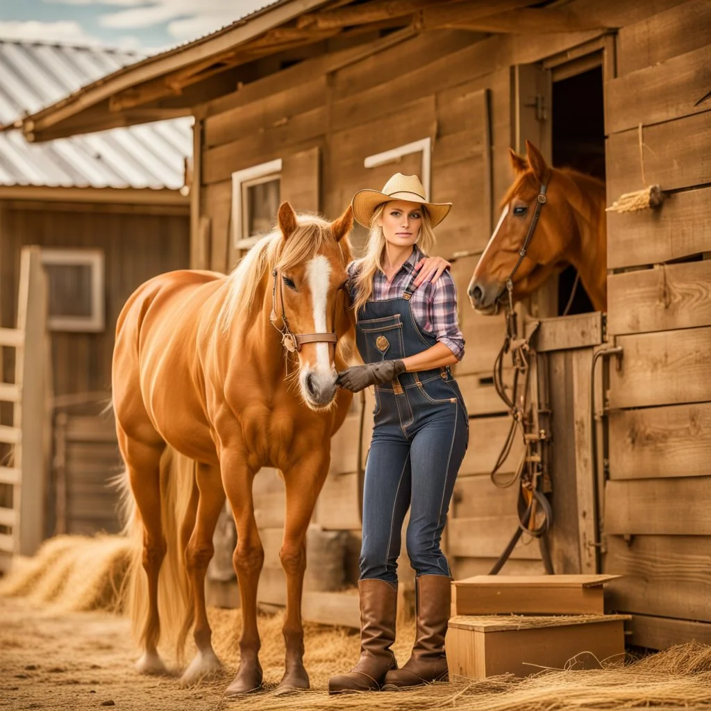 Beautiful blonde female farmer on a horse farm in Texas wearing tight denim overalls and wearing cowboy boots holding a horse's front leg and shoeing a hoof, surrounded by a wooden fence yard and bales of hay and hay, in the background of a typical ranch house