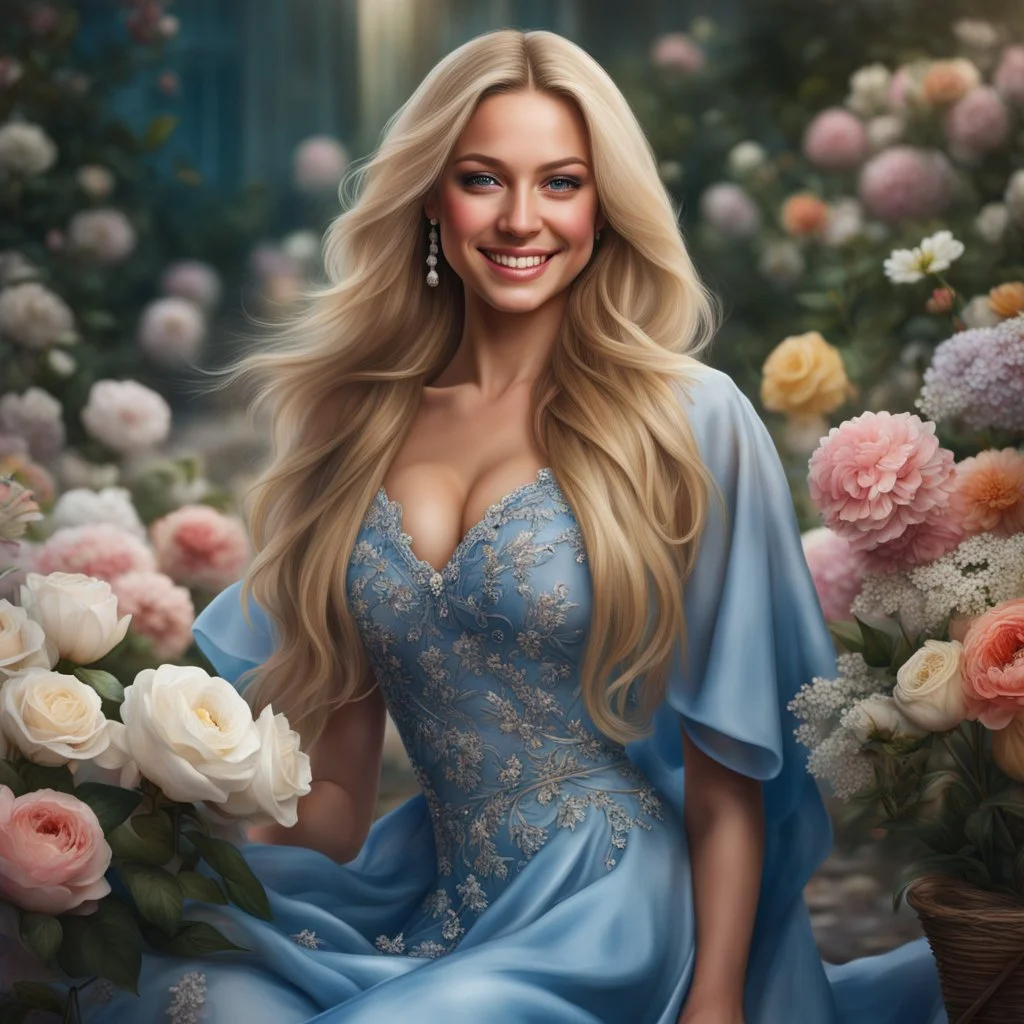 (best quality, 4k, 8k, highres, masterpiece:1.2), ultra-detailed, (realistic, photorealistic, photo-realistic:1.37),hyper realistic, full body gorgeous smiling 1woman,long hair,looking at viewer,realistic proportions,blue eyes,hair ornament,dress,very long hair,flower,blonde hair,parted lips,necklace,white dress,blonde hair,lips,blurry background,freckles,realistic,head wreath, pink flower,realistic portrait, dreamy fantasy landscape,crystal castle behind