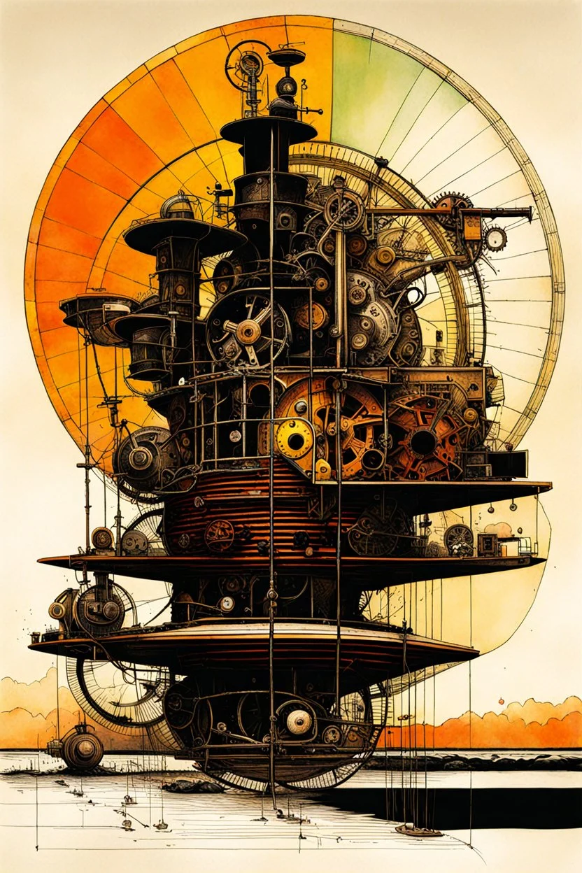 Projection and obfuscation, crash course in clockwork mechanisms asymmetric neo-surrealism, by Ralph Steadman, by Brian Bolland, color ink illustration, rich complimentary colors, abstract, weirdcore