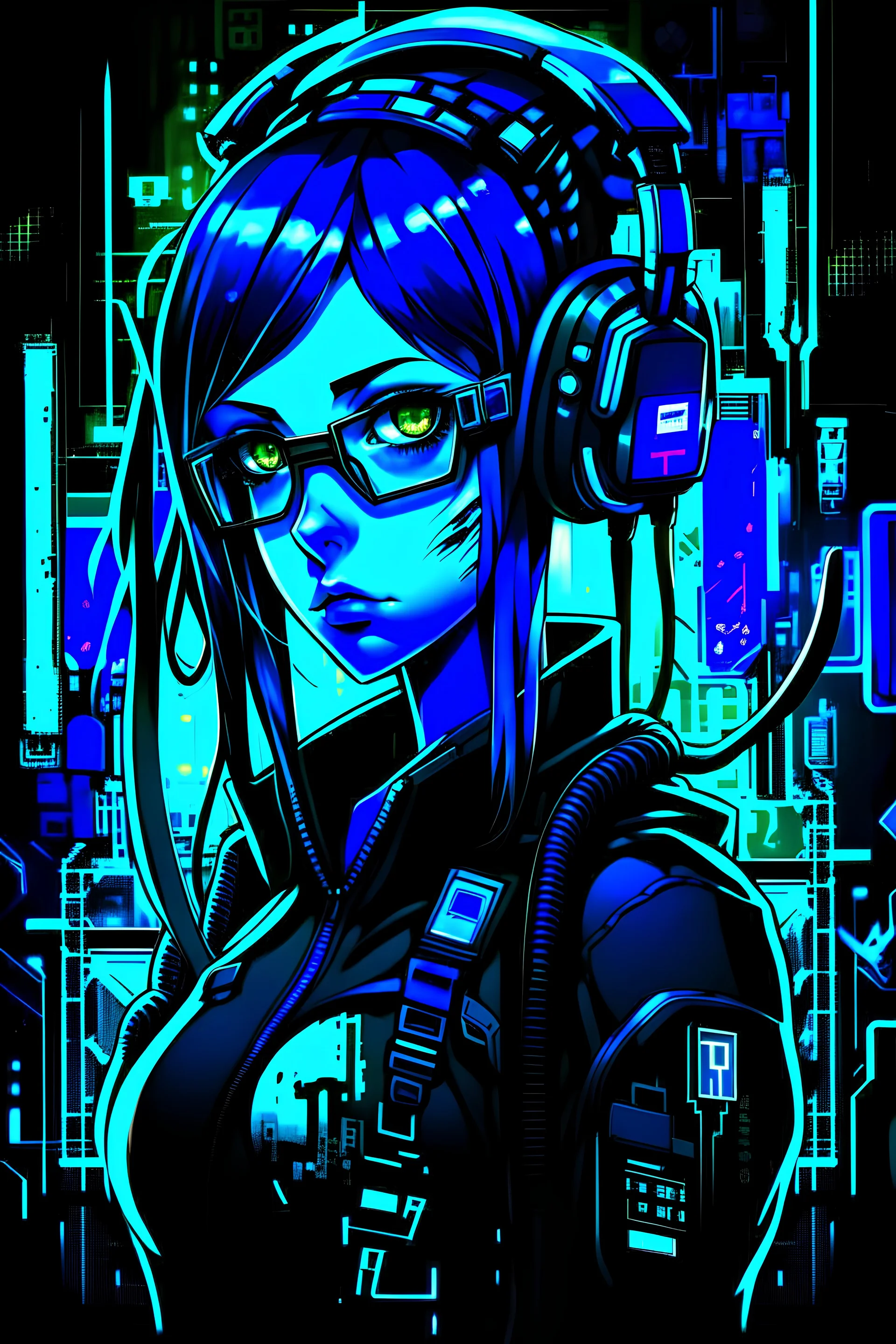 blue and black themed nerdy cyberpunk anime girl