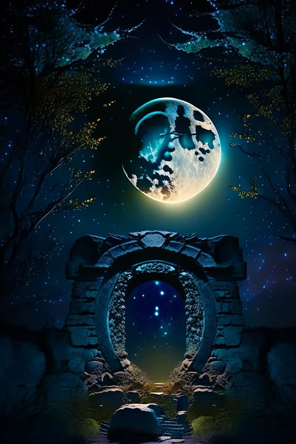 Stone moongate glowing at night under a full moon dark fantasy