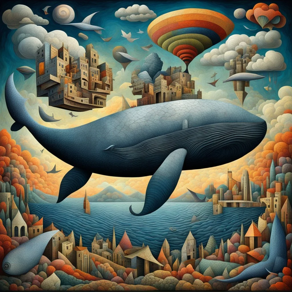 Surreal Cubist Dreamscape; by Picasso, surreal fragmented flying whale, Yerka