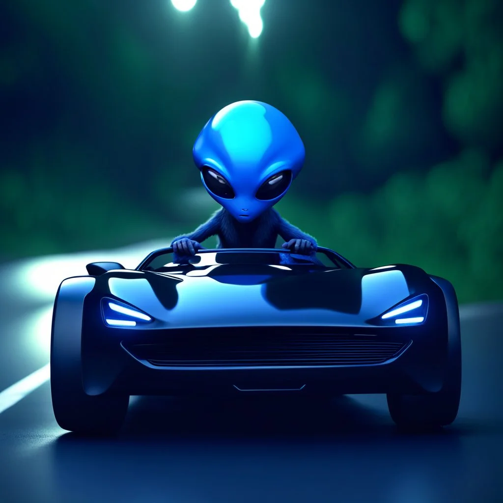 Magnetic blue cartoon alien driving a shiny black open sports car on a a senic road in aeizona, character portrait by Mike Winkleman, featured in cgsociety, pop surrealism, rendered in cinema4d, daz3d, behance hd