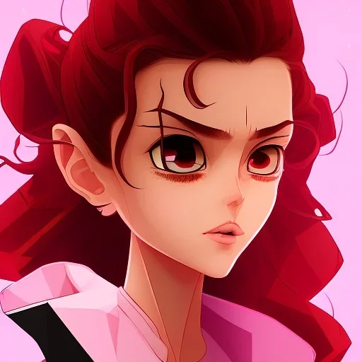 crystal clear blue eyes, and dark pink hair, dot eyebrows, woman, angry expression, pointy ears, long hair, sexy, young, beautiful