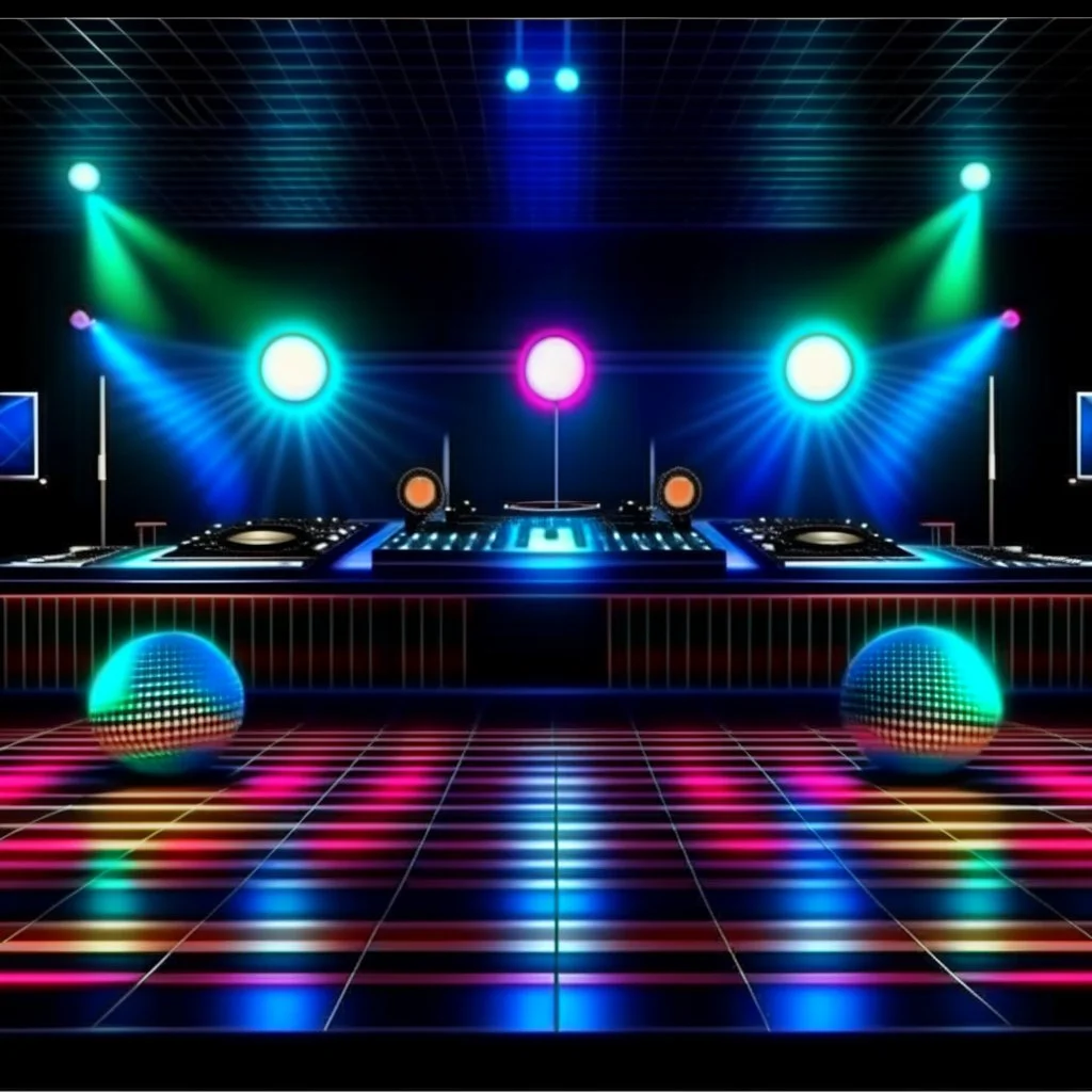 Dance hall ,dj play ,laser lights, disco ball, beard DJ play music with DJ desk, photorealism