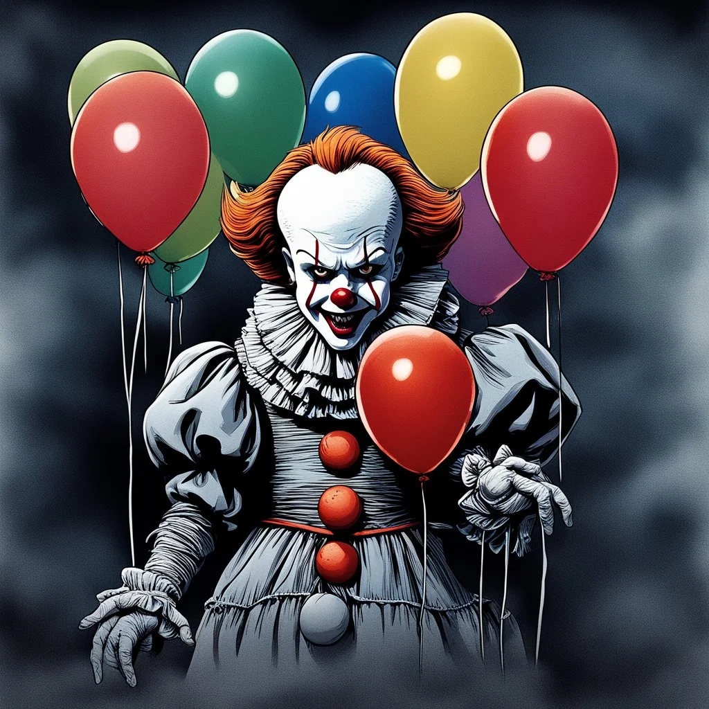 150mm Cinematic intricate photograph, Pennywise the clown from IT movie, big head, (an evil bloodthirsty grin on face), ((sharp teeth)), standing, partially surrounded by balloons, creepy light and atmosphere of horror and fear around, highest details, Nima Neemz Nakhshab movie poster