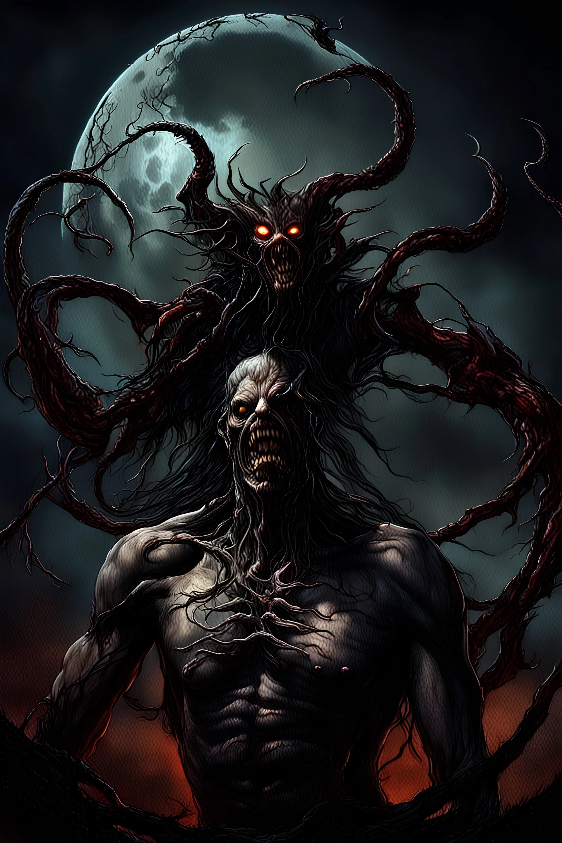 A dramatic digital painting portraying a horror monster under the Moon, veins pulsing, claws of temptation visible, soul in turmoil. In the style of Luis Royo and Boris Vallejo and Giger, vivid colors, swirling brushstrokes, highly detailed, 8k resolution, surrealistic., juicy emotions, painting, gloomy fantasy, gloomy day, dark world, portrait, oil and graphite, wide strokes, a weaving frame around, by Ryohei Hase, Agnes Cecile, Raymond Swanland, Anne Bachelier