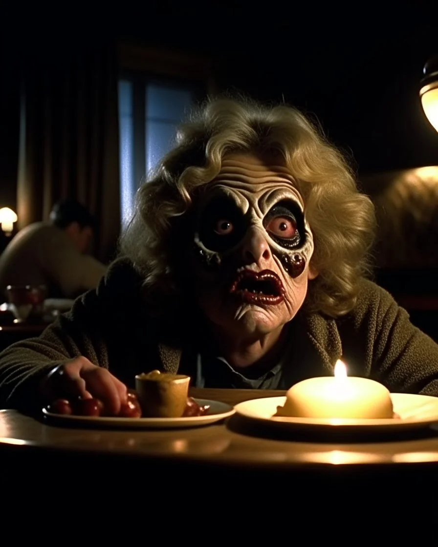 Spooky, ultra realistic distress, dining, ultra realistic hot woman, nose, giant eye on a table, organic hot bondes, dynamic, anguish, excited and lively scene, hypermaximalist figures, Creepy the Ring Alfred Hitchcock, Sam Raimi, insanely detailed, sinister, John Carpenter, Dario Argento, ornate