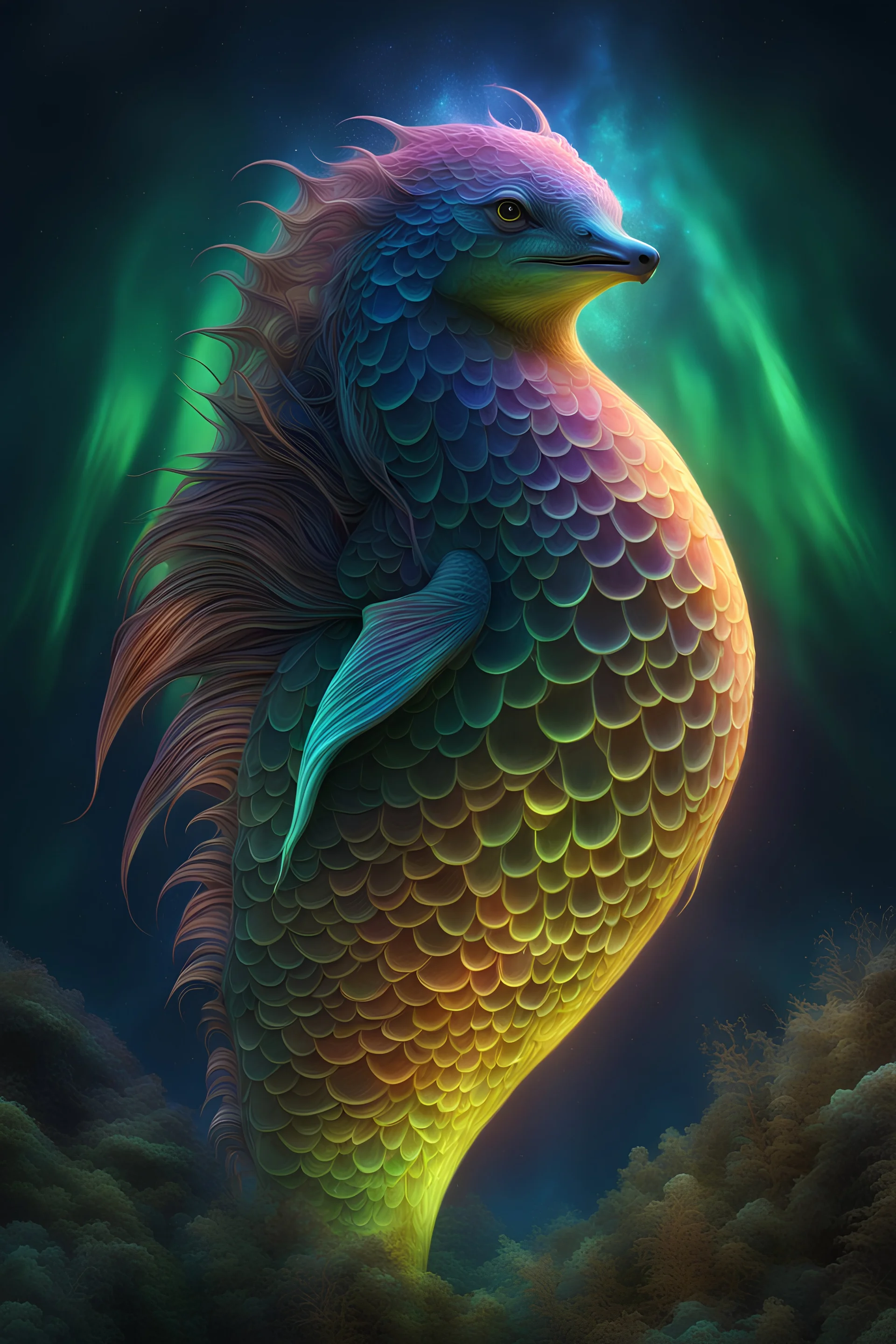 A stunning full body photo of a strange sea creature made of aurora borealis, glowing, nene thomas, volumetric atmosphere, best quality, sharp focus, highres, vibrant intricate, insanely detailed, breathtaking, precise lineart, comprehensive cinematic, max detail, 4k uhd, digital art, adward winning, trending on artstation, dynamic pose