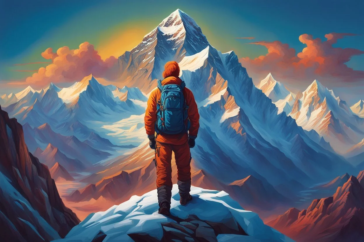 A perfect man having a beautiful dream standing on the top of Mount Everest painted by Poul Anker Bech. concept art, mid shot, intricately detailed, color depth, dramatic, 2/3 face angle, side light, colorful background