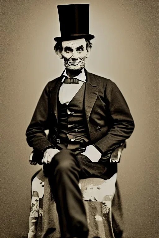 Abraham Lincoln, cleanshaven sitting in a chair holding a top hat in a log cabin background vintage photography, beautiful, Tumblr aesthetic, retro vintage style, HD photography, hyperrealism