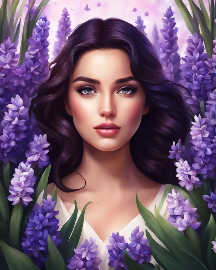 Medium view of a beautiful girl standing surrounded by full of hyacinth flowers, beautiful face, dark hair, shining eyes, digital painting style, high quality, 4k