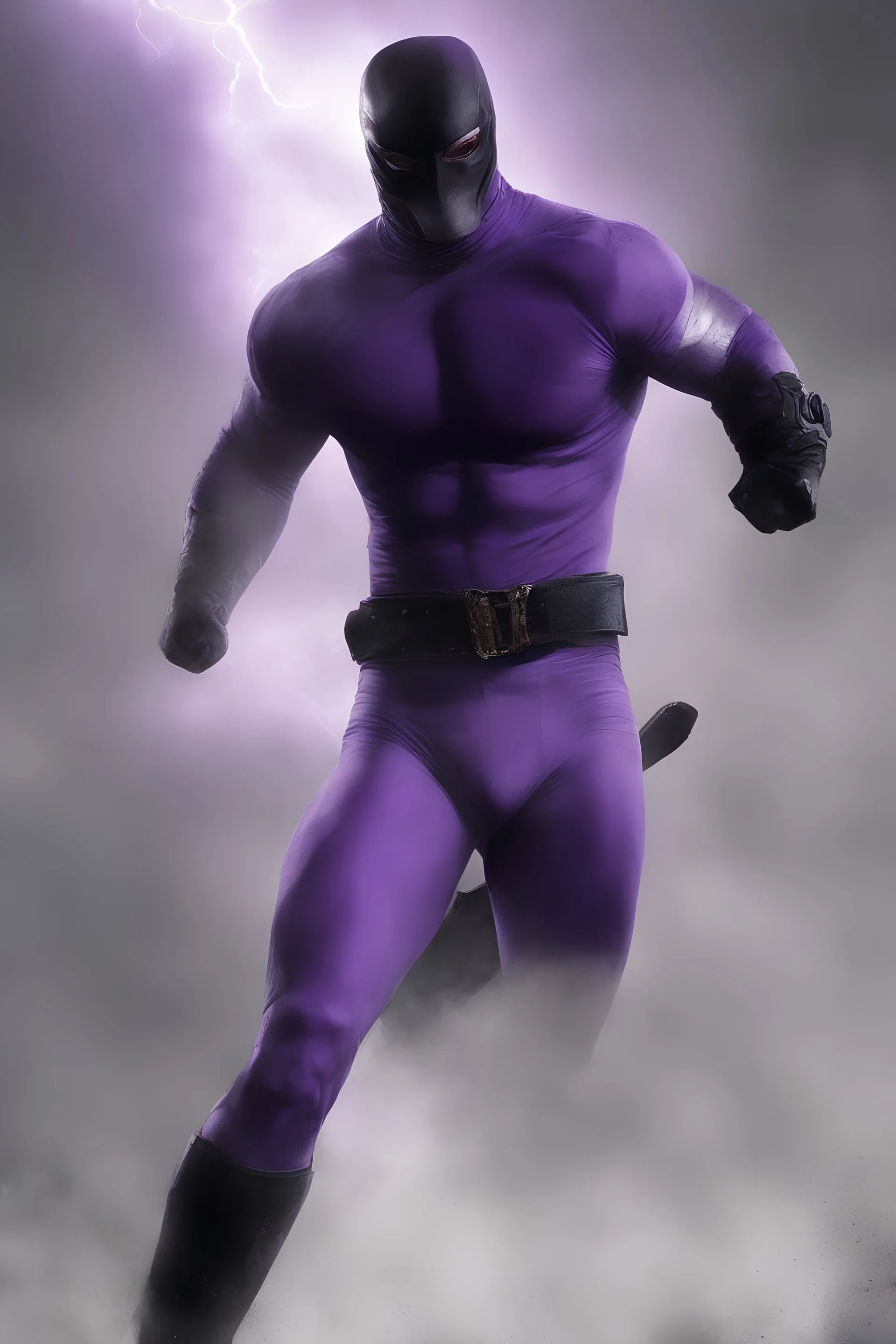 Kent Walker aka THE PHANTOM, Strong, athletic physique, action poses, skin-tight, formfitting purple bodysuit, skin-tight, formfitting purple cowl, black eye disguise, black utility belt, double holstered pistol belt, black knee-high boots, glowing white eyes, battle scars, blood, ((foggy, cloudy background, multicolored lightning, flowing lava, Full Eclipse, aliens, explosions, bright, vibrant, extremely colorful, detailed, blood red skies))