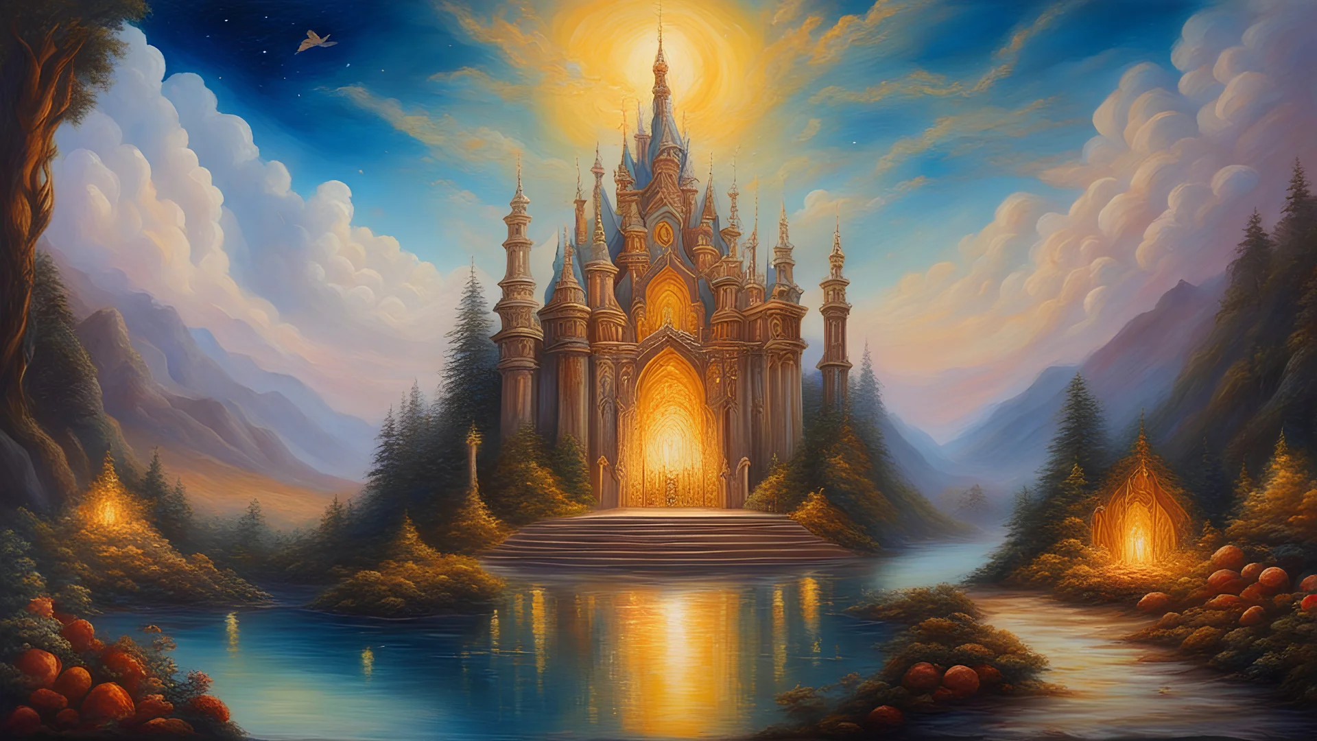 Oil painting, majestic, festive, divine, fantasy world, beautiful composition, exquisite detail