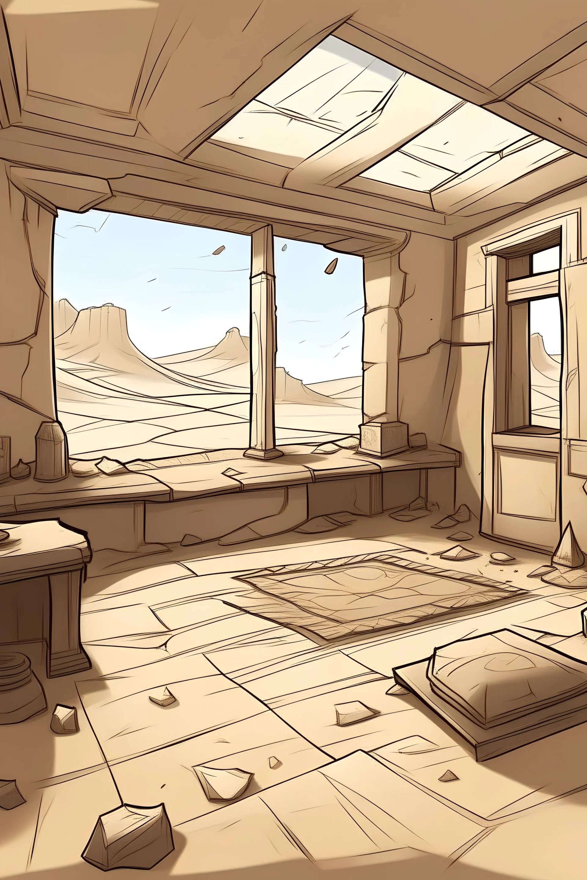 "Draw an abandoned and ancient room in the desert."