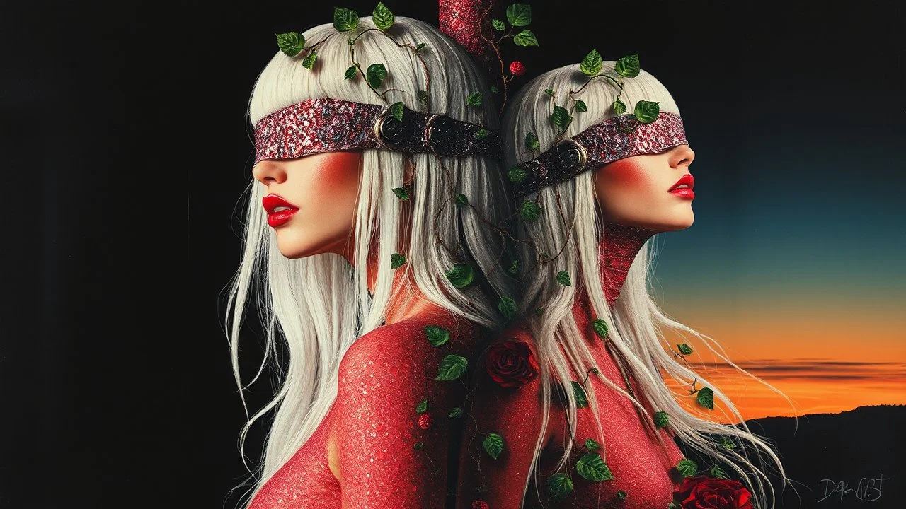 Abstract Art, Collage, Thomas Ligotti, Mannequin World, In Space They Can't Hear You Scream, Dave McKean, Inspired by Zdzislaw Beksinski's Nightmarish Paintings, Wassily Kandinsky, Double Exposure, Sunset, Gnostic Tragedy, Sinister, Woman, Long White Hair, Made of Glitter Texture, Blush, Blindfolded, Vine Design, Raspberry, Surreal, Futuristic, Black Open Background, Peach Skin, Leafy Textures, Shiny Plastic, Organic Aesthetics, Rose Red Tint, Green Leaves, Alien Design, Mutant Structure, Red Mo