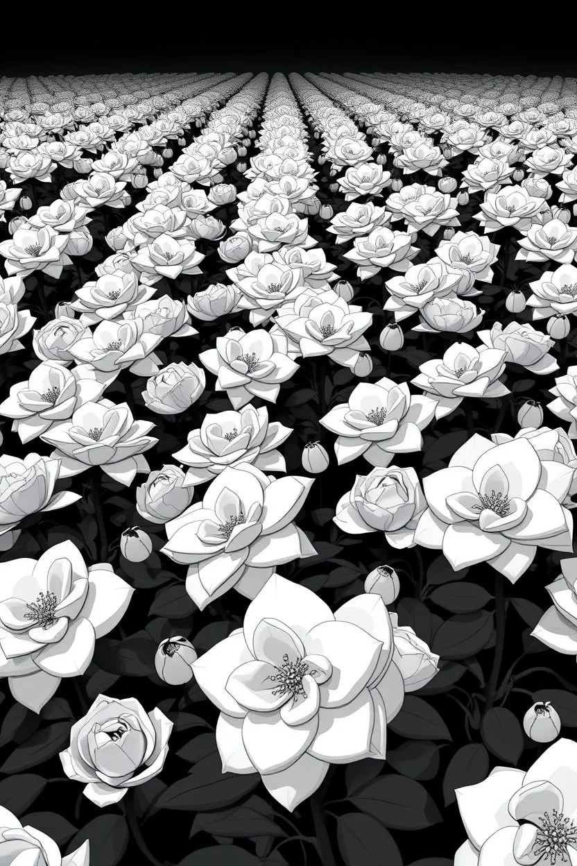 "A conceptual black-and- white jasmines flowers digital illustration of a massive roses in the same direction, heads down, symbolizing conformity. The atmosphere feels lifeless and repetitive, emphasizing the ordinary mindset of the majority."