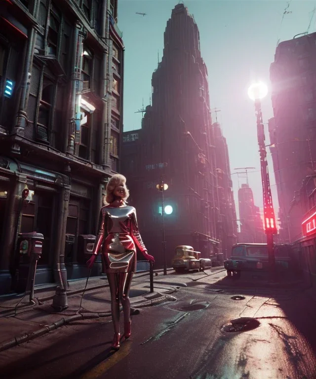 Ultra Realistic retro sci-fi city image from 1960, many people looking to sweet young woman Jane Fonda, dress with tight latex coat and retro glass helmet, Retro sci-fi style, soft color, highly detailed, unreal engine 5, ray tracing, RTX, lumen lighting, ultra detail, volumetric lighting, 3d, finely drawn, high definition, high resolution.