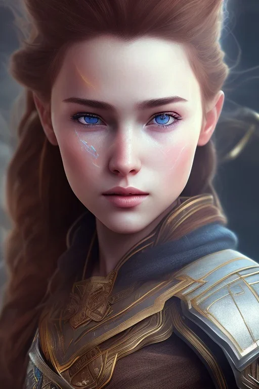 aloy forbidden west face, aloy clothes, cristal brown eyes, portrait busty and face, light effects, particles, explosion fire,