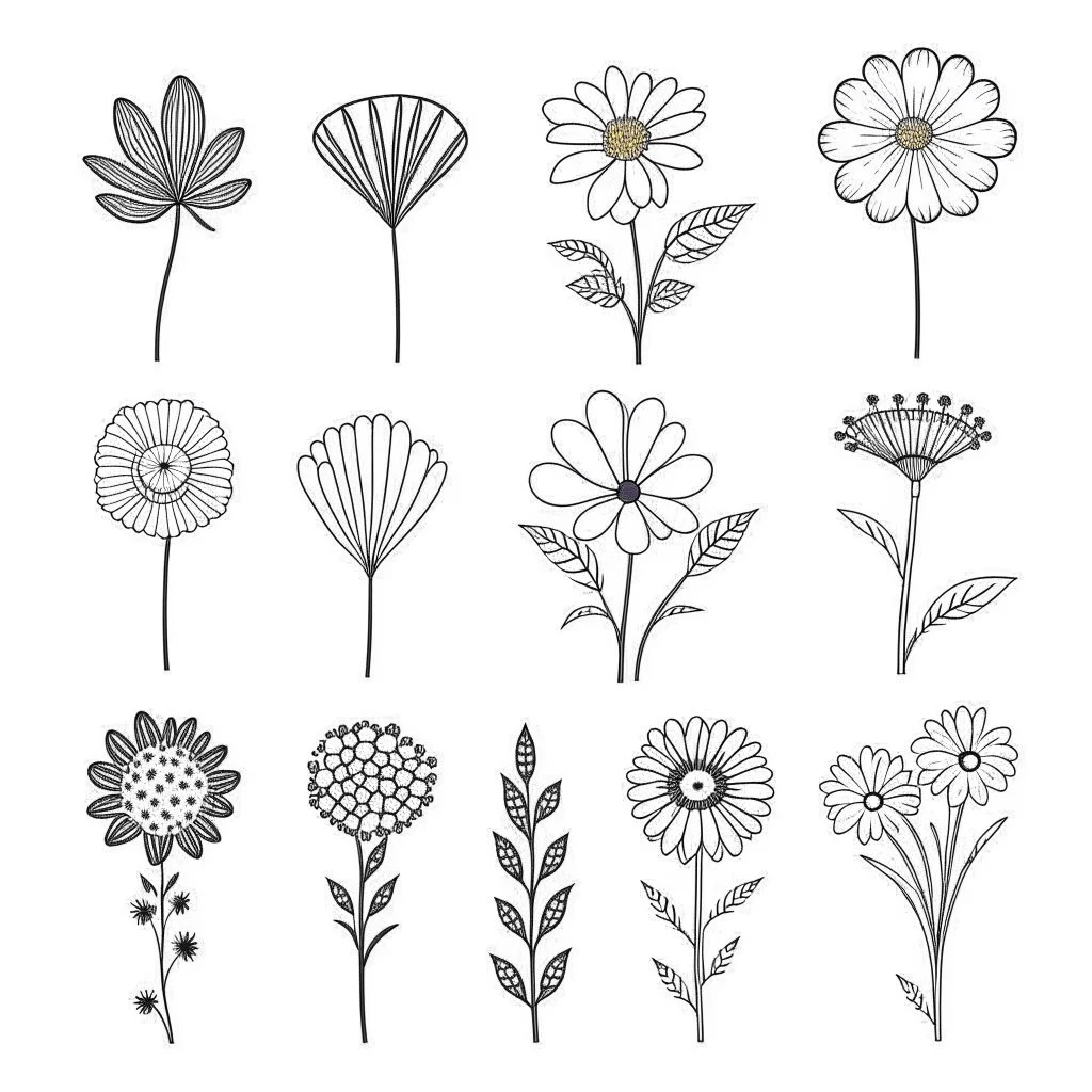 set of grow wind flower bouqute, SIMPLE ONE lineS art, white background, minimalis, different view, only white bakcground solid.