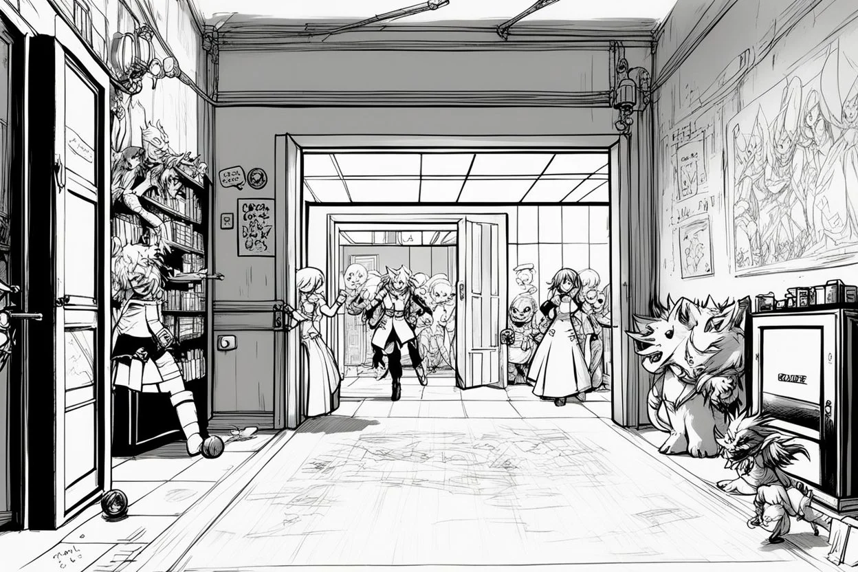 hand drawing, thick lines, la ligne claire [style of the wii No More Heroes], scribbled lines of The lights are out, and the battle begins. the monsters are coming, the werewolf, the demoness, the troll, etc. on the other side the appealing Nurse appears at the door, telling to stop playing with toys and go back to bed.