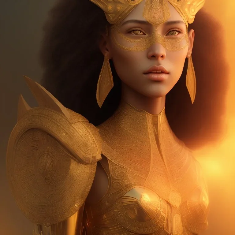 young woman, brown skin, short dark hair with golden highlights, ancient ((Egypt)),whole body, ancient armor, lion, golden jewelry, flames as clouds, magnificent, majestic, highly intricate, incredibly detailed, ultra high resolution, complex 3d render,