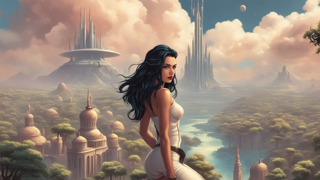 exotic sci-fi pin-up girl, with long dark hair, on an alien planet with cloud trees, tall spires and buildings